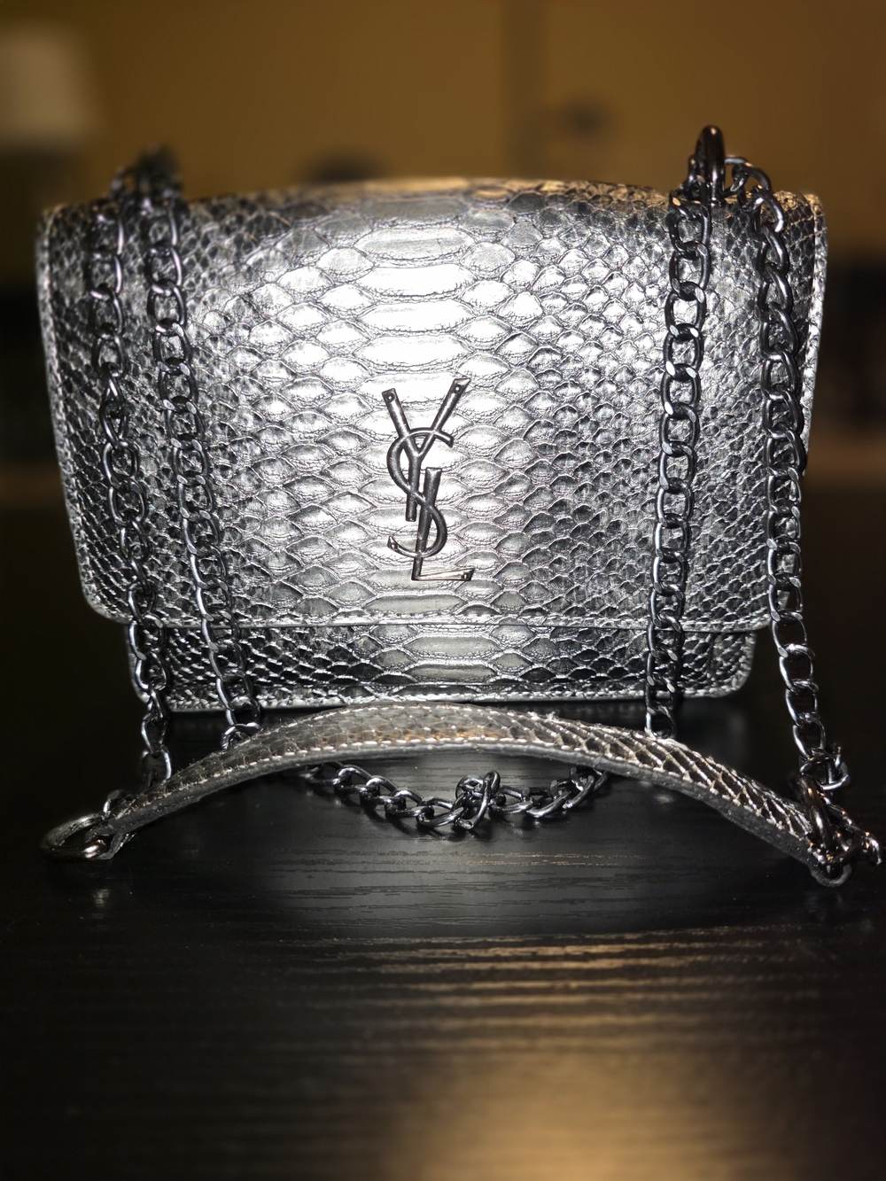 Saint Laurent Silver Metallic Embossed Leather Chain Crossbody
